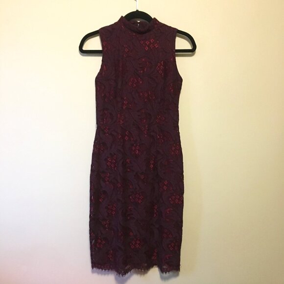 Vintage Sears Deep Burgundy Cotton Lace Mockneck Dress - Picture 1 of 16